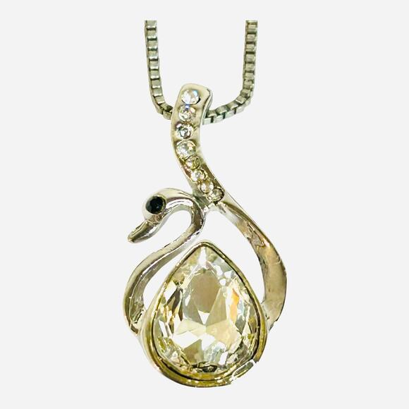 Swan Large Teardrop Rhinestone Silver Tone Pendant Necklace - Picture 2 of 4
